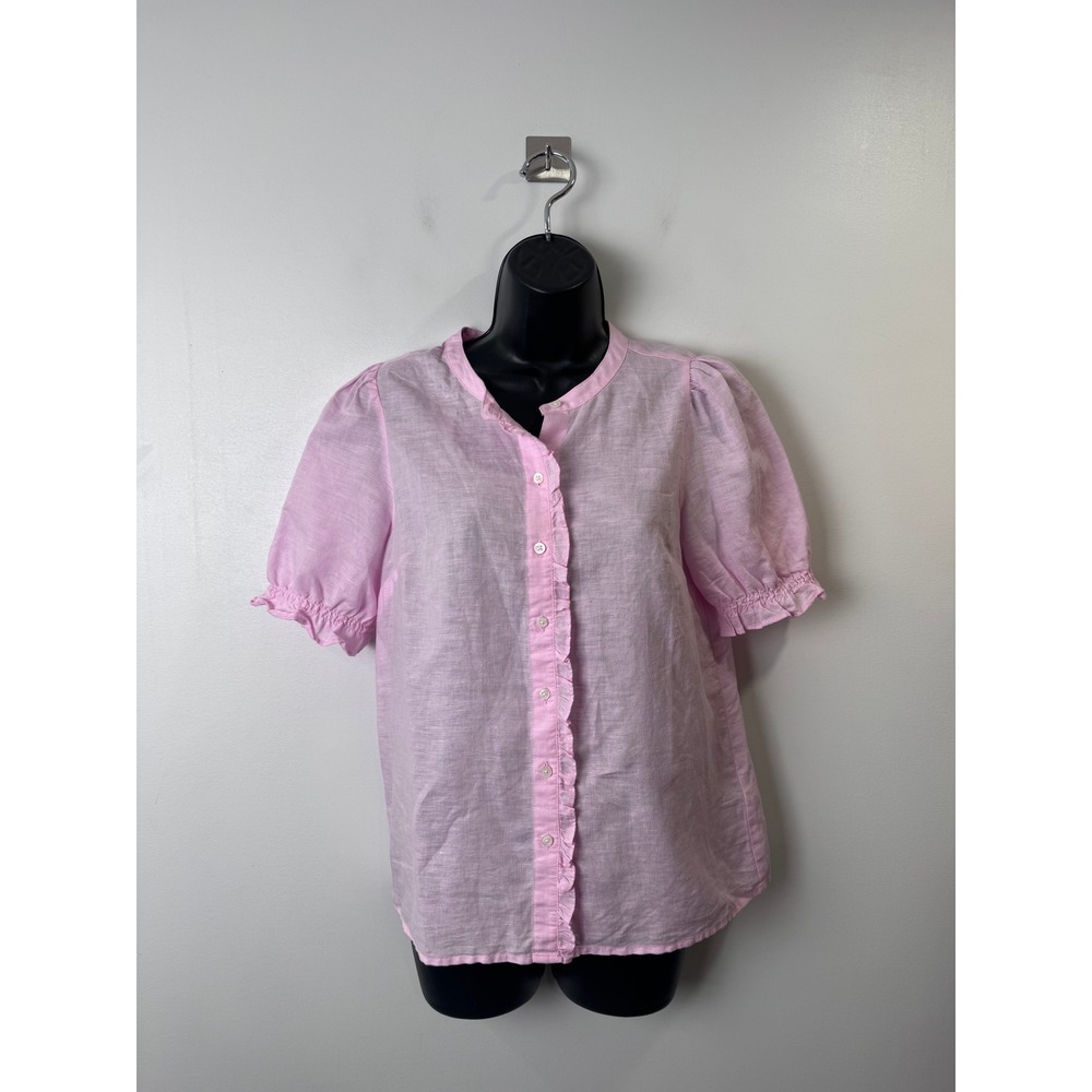 J.Crew Women Pink Linen Shirt Ruffle Puff Sleeve CA109 Size XS